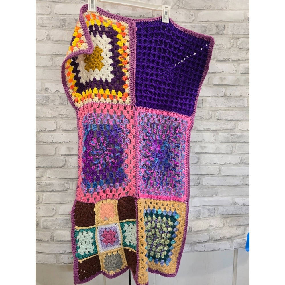 VTG Granny Square‎ Afghan Baby Blanket Throw White Multicolor Grannycore 23x40
